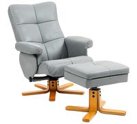 HOMCOM PU Leather Swivel Recliner Chair with Footstool, Wooden Base and Storage for Living Room, Light Grey