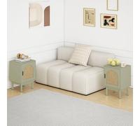 Homcom Rattan Bedside Tables Boho Nightstands W/ Cabinet Set Of 2 Green In Light Green Light Green