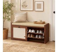 HOMCOM Rattan Shoe Bench with Padded Cushion and 2 Cabinets, Brown