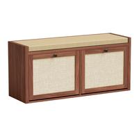 HOMCOM Rattan Shoe Bench with Padded Cushion and 2 Cabinets for Hidden Storage, Brown