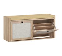 HOMCOM Rattan Shoe Bench with Padded Cushion and 2 Cabinets for Hidden Storage, Oak Wood Effect