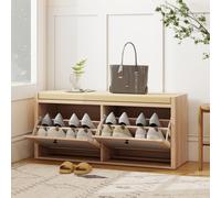 HOMCOM Rattan Shoe Bench with Padded Cushion and 2 Cabinets, Oak