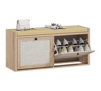 HOMCOM Rattan Shoe Bench with Padded Cushion & 2 Cabinets, Oak in Light Oak HOMCOM Light Oak