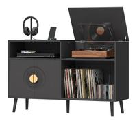 Homcom Record Player Stand Holds Up To 300 Albums With Cable Hole In Black Black