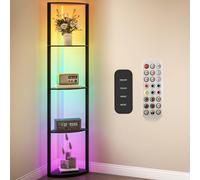 HOMCOM RGB LED Floor Lamp with Shelves 4-Tier Standing Lamp Black | Dimmable, Adjustable Brightness, Remote Control, Modern Corner Display Shelf Unit, Living Room Bedroom Office