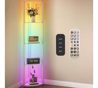 HOMCOM RGB LED Floor Lamp with Shelves 4-Tier Standing Lamp Oak | Dimmable, Adjustable Brightness, Remote Control, Modern Corner Display Shelf Unit, Living Room Bedroom Office