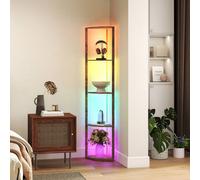 HOMCOM RGB LED Floor Lamp with Shelves, 5-Tier Dimmable Standing Lamp with Adjustable Brightness and Remote Control, Modern Corner Display Shelf Unit for Living Room Bedroom Office, Rustic Brown
