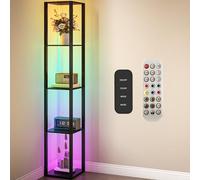 HOMCOM RGB LED Floor Lamp with Shelves Dimmable Remote Control Black