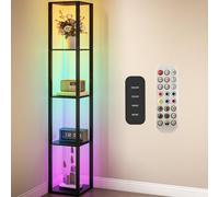 HOMCOM RGB LED Floor Lamp with Shelves Dimmable Remote Control Black | Modern Standing Lamp, Adjustable Brightness & Speed, Living Room, Bedroom, Office