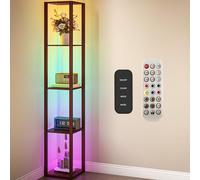 HOMCOM RGB LED Floor Lamp with Shelves, Modern Dimmable Standing Lamp with Remote Control, Adjustable Brightness & Speed for Living Room, Bedroom, Office, Brown