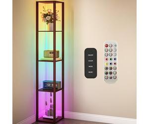 HOMCOM RGB LED Floor Lamp with Shelves, Modern Dimmable Standing Lamp with Remote Control, Adjustable Brightness & Speed for Living Room, Bedroom, Office, Brown