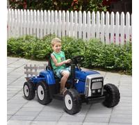 HOMCOM Kids Electric Car, 12V Electric Ride on Tractor and Trailer with Detachable Trailer Remote Control, USB, Horn, Lights, Start-Up Sound, for Ages 3-6 Years, Blue