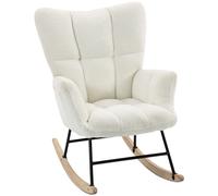 HOMCOM Rocking Chair, Teddy Fleece Rocker Chair with Tufted Wingback, Side Pockets, Rubber Wood Legs, Cream White
