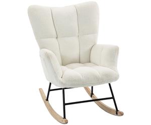 HOMCOM Rocking Chair, Teddy Fleece Rocker Chair with Tufted Wingback, Side Pockets, Rubber Wood Legs, Cream White