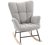 HOMCOM Rocking Chair, Teddy Fleece Rocker Chair with Tufted Wingback, Side Pockets, Rubber Wood Legs, Light Grey