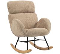 HOMCOM Upholstered Rocking Chair Adjustable Headrest Rocker Chair Raindrop Velvet Rubberwood Base Light Brown