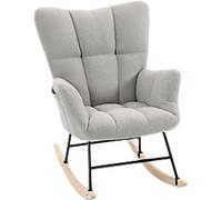 HOMCOM Rocking Chair with Side Pockets, Wingback Tufted Rocker Chair with Teddy Fleece Upholstered, Rubber Wood Legs for Living Room, Bedroom, Light Grey