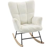 HOMCOM Rocking Chair with Side Pockets, Wingback Tufted Rocker Chair with Teddy Fleece Upholstered, Rubber Wood Legs for Living Room, Bedroom, Cream White