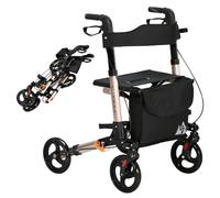 HOMCOM Rollator Walker with Seat Compact Quick Folding 8" Wheels Gold Tone | Compact Mobility Walker, Carry Bag, Adjustable Height, Cane Holder, Lightweight Aluminium Frame, for Disabled, Seniors