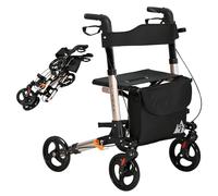 HOMCOM Rollator Walker with Seat, Compact Quick Folding Mobility Walker with 8" Wheels, Carry Bag, Adjustable Height, Cane Holder and Lightweight Aluminium Frame for Seniors and Disabled, Gold Tone