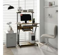 HOMCOM Rolling Computer Desk with Keyboard Tray Storage Shelves Rustic Brown | TJ Hughes