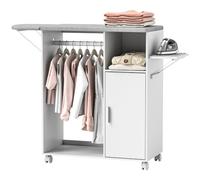 HOMCOM Rolling Ironing Board Cabinet Foldable with Storage Wheels White | Ironing Station, Open Compartment, Clothes Rail, Iron Holder, for Home, Laundry Room