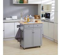 HOMCOM Rolling Kitchen Island, Utility Serving Cart with Rubber Wood Top Grey