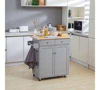 HOMCOM Rolling Kitchen Island, Utility Serving Cart With Rubber Wood Top - Grey, Grey
