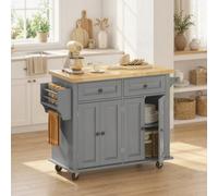 HOMCOM Rolling Kitchen Island Cart with Rubber Wood Top, Spice Rack, Grey