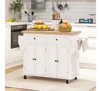 Homcom Rolling Kitchen Island Cart With Rubber Wood Top, Spices Cream White Cream