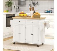 HOMCOM Rolling Kitchen Island Cart with Rubber Wood Top, Spices Cream White, Cream