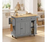 Homcom Rolling Kitchen Island Cart With Rubber Wood Top, Spices In Grey Grey
