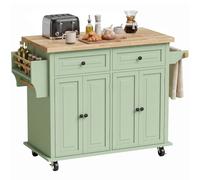 Homcom Rolling Kitchen Island Cart With Rubber Wood Top, Spices, Light Green Light Green