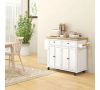 Homcom Rolling Kitchen Island Cart With Rubber Wood Top, Spices White