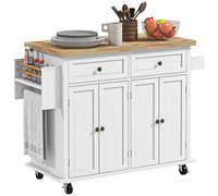 HOMCOM Rolling Kitchen Island Cart with Rubber Wood Top - White | TJ Hughes