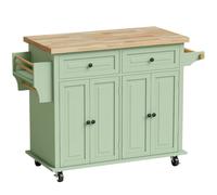 HOMCOM Rolling Kitchen Island Storage Trolley with Rubber Wood Top & Drawers for Dining Room, Light Green