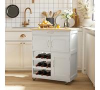 HOMCOM Rolling Kitchen Island Trolley Storage Cart with Rubberwood Top Wine Rack
