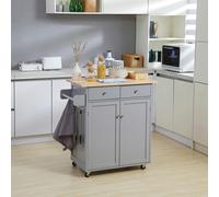HOMCOM Rolling Kitchen Cart with Rubber Wood Top Towel Rack Hooks in Grey HOMCOM Grey