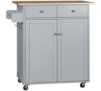 Rolling Kitchen Cart with Rubber Wood Top Towel Rack Hooks HOMCOM Grey One Size