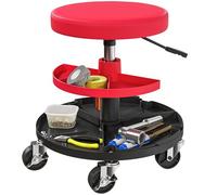 HOMCOM Rolling Mechanic Stool, 135kg Capacity Workshop Stool, 360° Swivel Roller Padded Creeper Seat with Wheels, Tool Trays Storage for Garage, Shop, Auto Repair, Red
