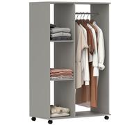 HOMCOM Rolling Open Wardrobe Hanging Rail Storage Shelves for Clothes, Walnut - Grey