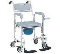 HOMCOM Rolling Shower Wheelchair for Seniors, Bedside Commode Chair with Locking Wheels, Seat, Backrest, Arms, Grey