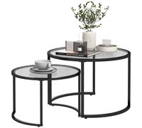 HOMCOM Round Coffee Table Nesting side Table Set of 2 Round Side Tables with Painted Steel Frame & Tempered Glass Surfaces, Black Aosom UK