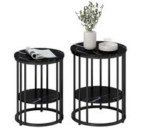 HOMCOM Round Coffee Table Set of 2, Marble-Effect Side Tables with Storage Open Shelf and Steel Frame for Living Room, Bedroom, Black Marble Effect