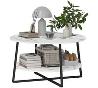 HOMCOM Round Coffee Table with Storage Shelf and Marble Effect Top, White