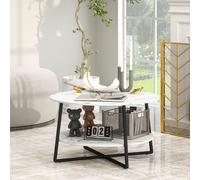 HOMCOM Round Coffee Table with Storage Shelf and Marble Effect Top, White, White
