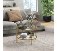 HOMCOM Round Coffee Table with Storage Shelf and Tempered Glass Top, Gold, Gold