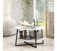 HOMCOM Round Coffee Table with Storage Shelf & Marble Effect Top, White HOMCOM White