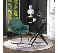 HOMCOM Round Glass Dining Table & Velvet Chair Set Kitchen Furniture 2pc Gre in Green | Size: 80 cm x 80 cm HOMCOM Green 80 cm x 80 cm