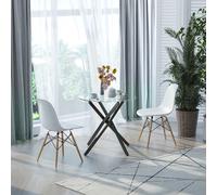Side Table with Clear Tempered Glass Top - Round Table with Metal Legs - Modern Dining Table Furniture for Dining Room Living Room - Black Top & Legs